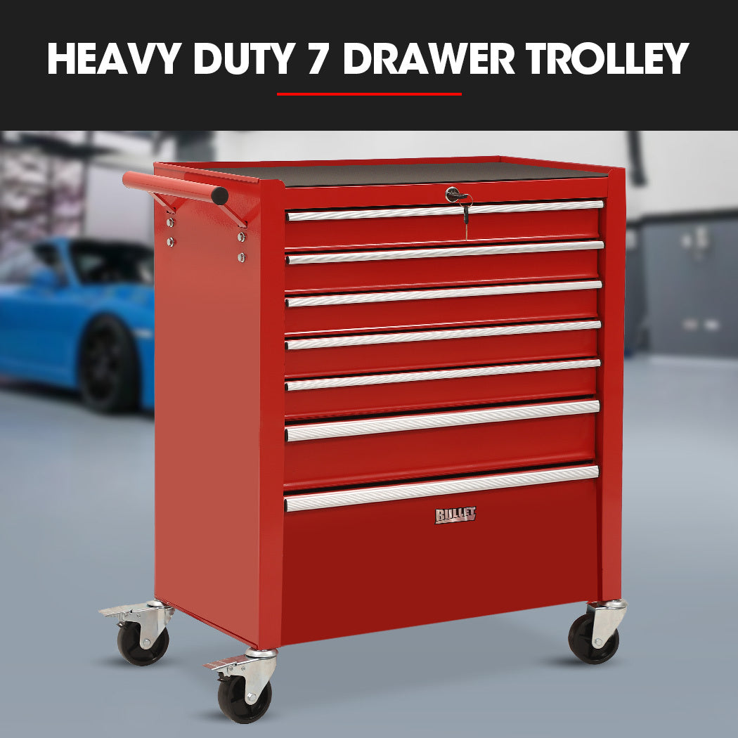 BULLET Pro 7 Drawer Tool Box Cabinet Trolley Storage, Toolbox Garage Organiser Set, Red